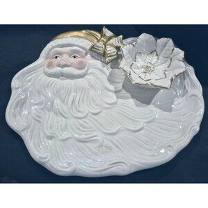 Vintage Santa Claus Ceramic Serving Plate With Gold Accents Poinsettia Bowl